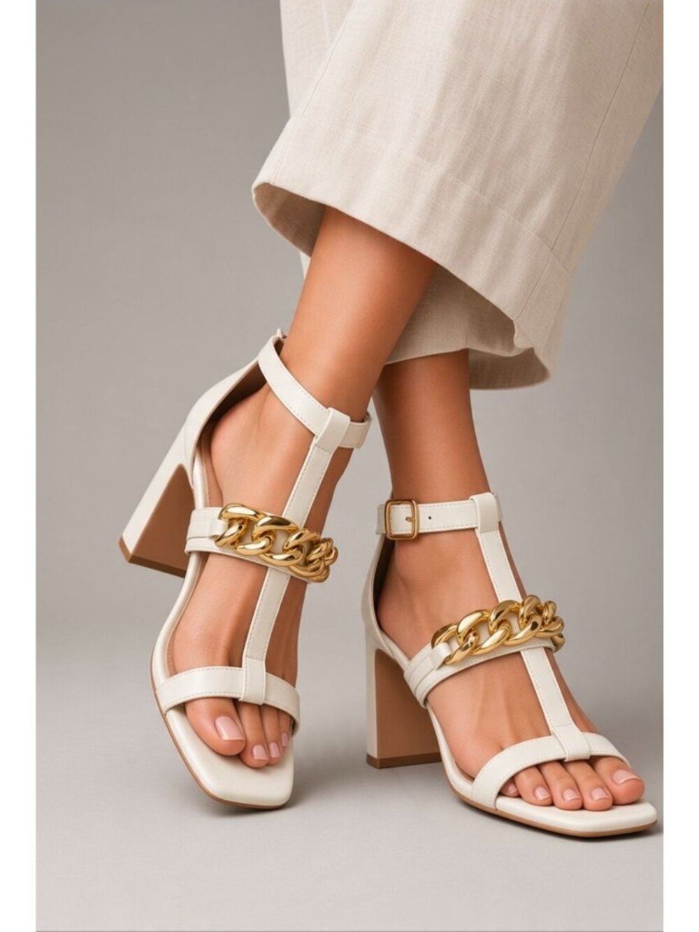 White High Heel Sandals With Gold Chain Accent & Adjustable Ankle Strap